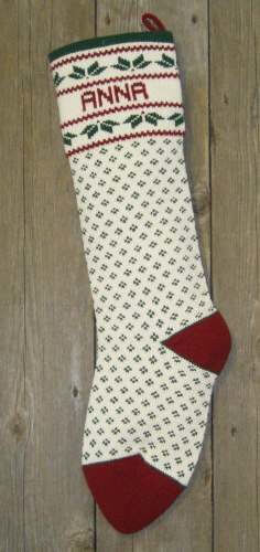 Nordic Style Holly Design Wool Knit Christmas Stocking