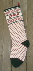 Nordic style skis cranberry Christmas stocking 100% wool knit